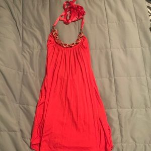 Pink halter blouse, ribbon tie and beaded neckline